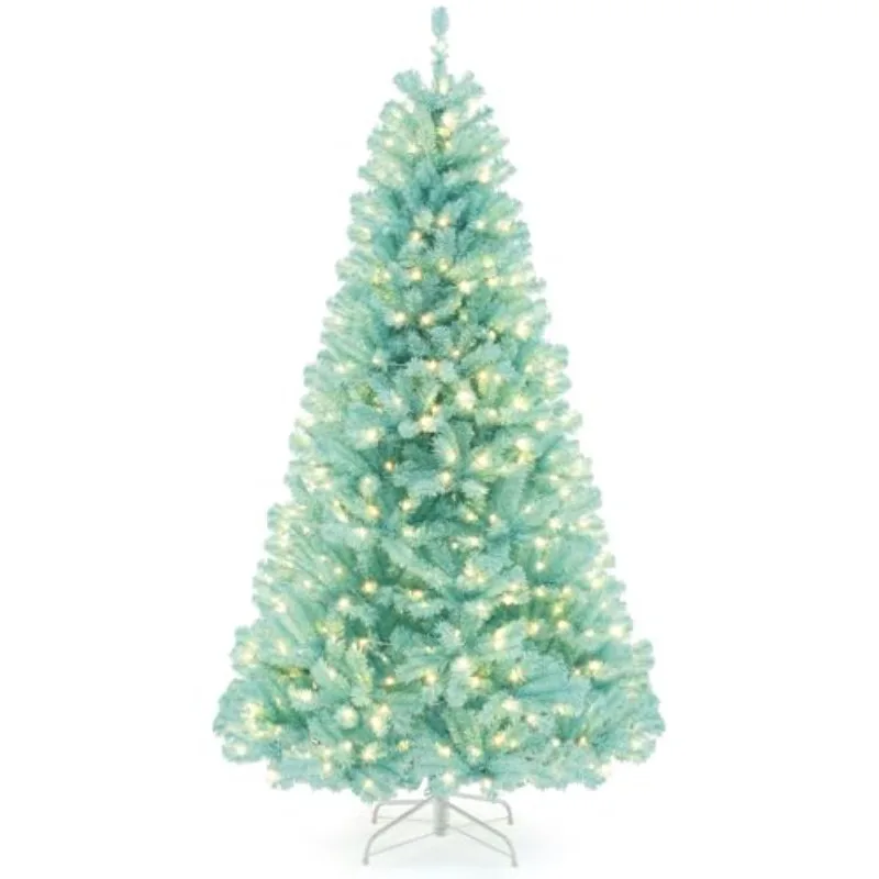 7 FT Blue Pre-Lit Christmas Tree, Artificial Hinged Xmas Full Tree with 380 Warm White LED Lights, 1040 Lush Branch