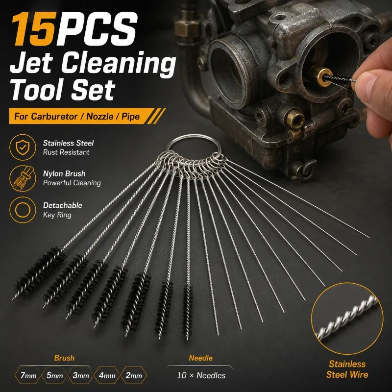 Carburetor Cleaner Tools 15Pcs, Stainless Steel Jet Cleaning Needles Nylon Brushes for Auto Moto ATV Chainsaw Welder Repair Kit