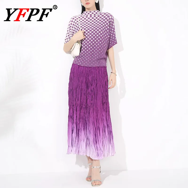 

YFPF Miyake Pleated Set Women Fashion Dot Printing Short Sleeve T-shirt + Gradient Folds Skirt Elegant 2025 New Clothing 3A361