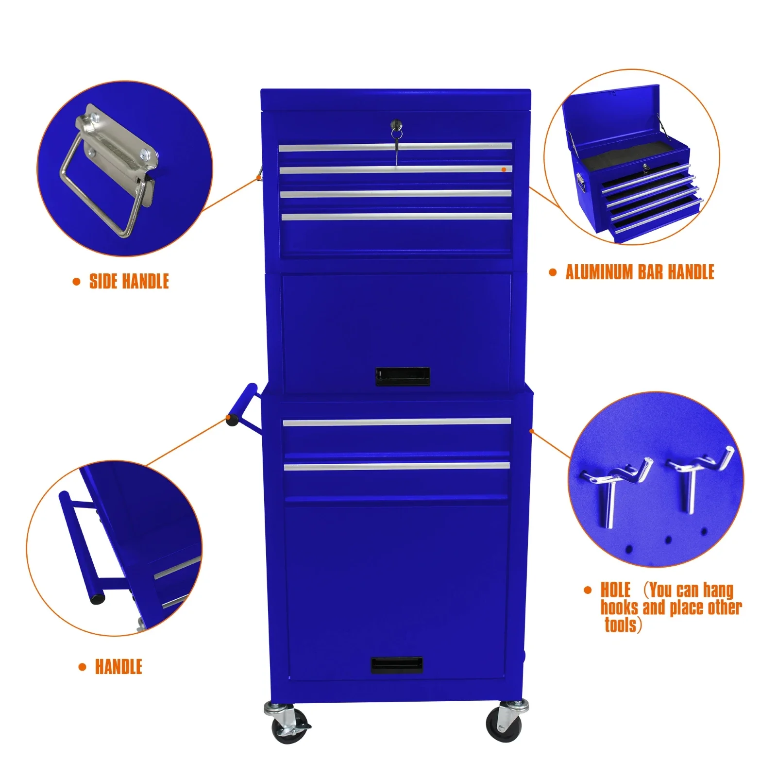 Rolling Tool Box, Garage Tool Box, 6 Drawer 2-in-1 Removable Lockable Tool Cabinet for Workshop, Warehouse, Repair Shop, Blue