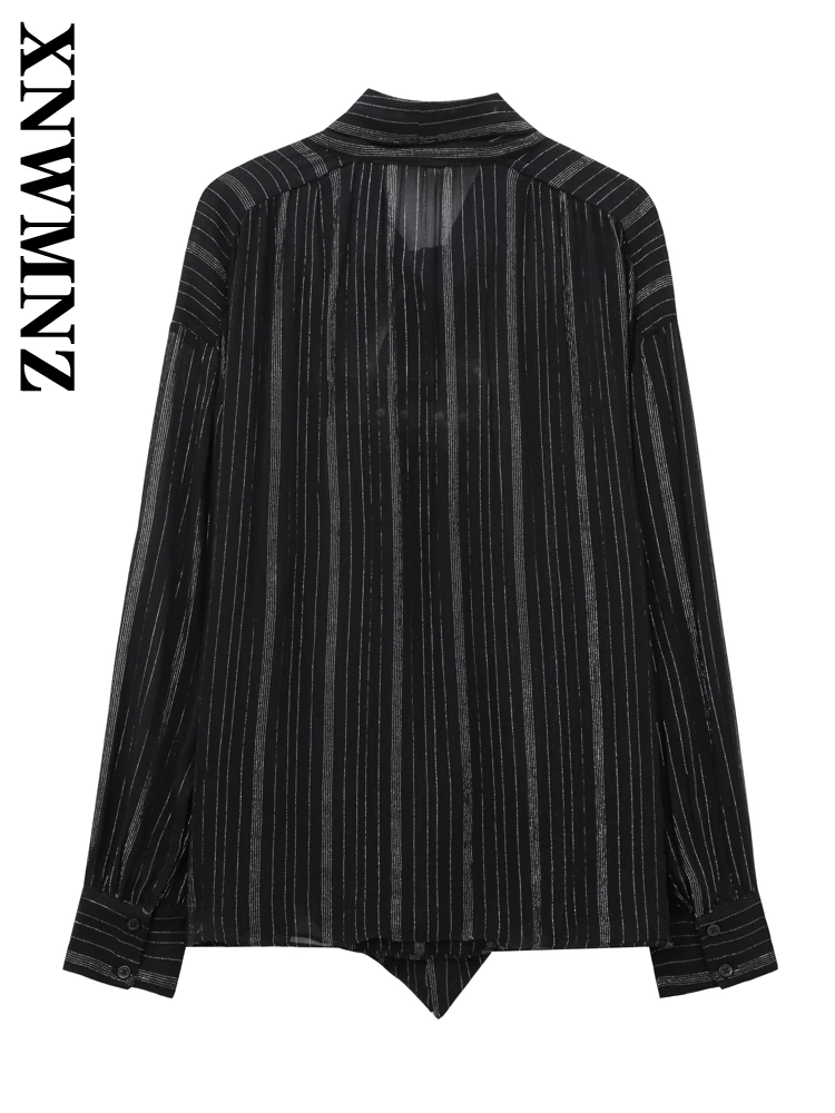 XNWMNZ 2024 Autumn New Lady Commuting Top Shirt Trendy Woman's Long Sleeve V-Collar Outerwear Bowknot Lace Coat Ruffles Striped