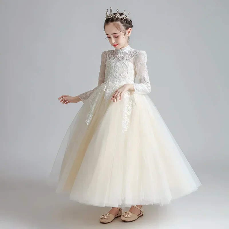 

Girls' Dress 2024 Long sleeved New Fluffy Gauze Flower Girl Wedding Children's Host Piano Performance Dress