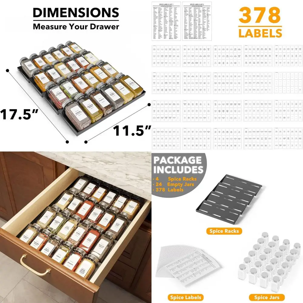 

Органайзер с 24 баночками для специй и белыми этикетками, 4-уровневая полка для кухни, 11,25 x 17,5