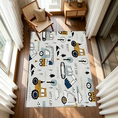 Cartoon Construction Vehicle Kids Rug Excavator Crane Printed Carpet Floor Non-Slip Play Mat Suitable for Boys Bedroom