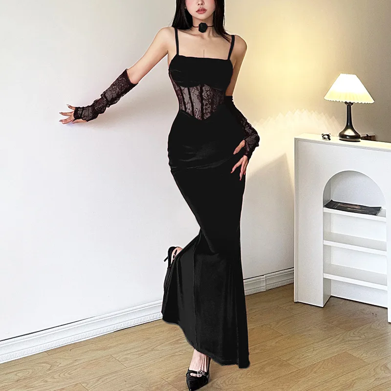 Velluto rosso sexy pizzo splicing abbraccio fianchi bretelle dimagranti gonna elegante puro desiderio abito da sera estivo lungo da ballo aperto