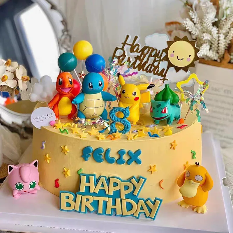 Décoration de gâteau Pikachu pour enfants, 13 pièces/ensemble, joyeux anniversaire, mignon Pokemon en vinyle, figurine de dessin animé, ornements de gâteau, fournitures de cuisson, cadeaux