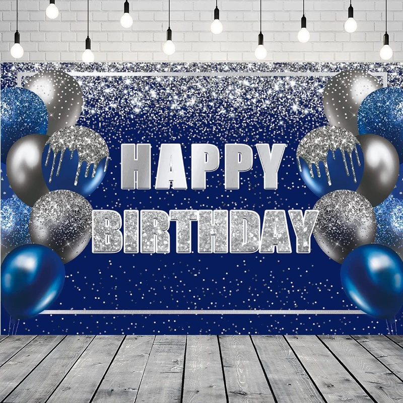 

Royal Navy Blue Silver Photography Backdrop Balloons Sparkle Diamond Shining Happy Birthday Background Home Party Backdrop Wall