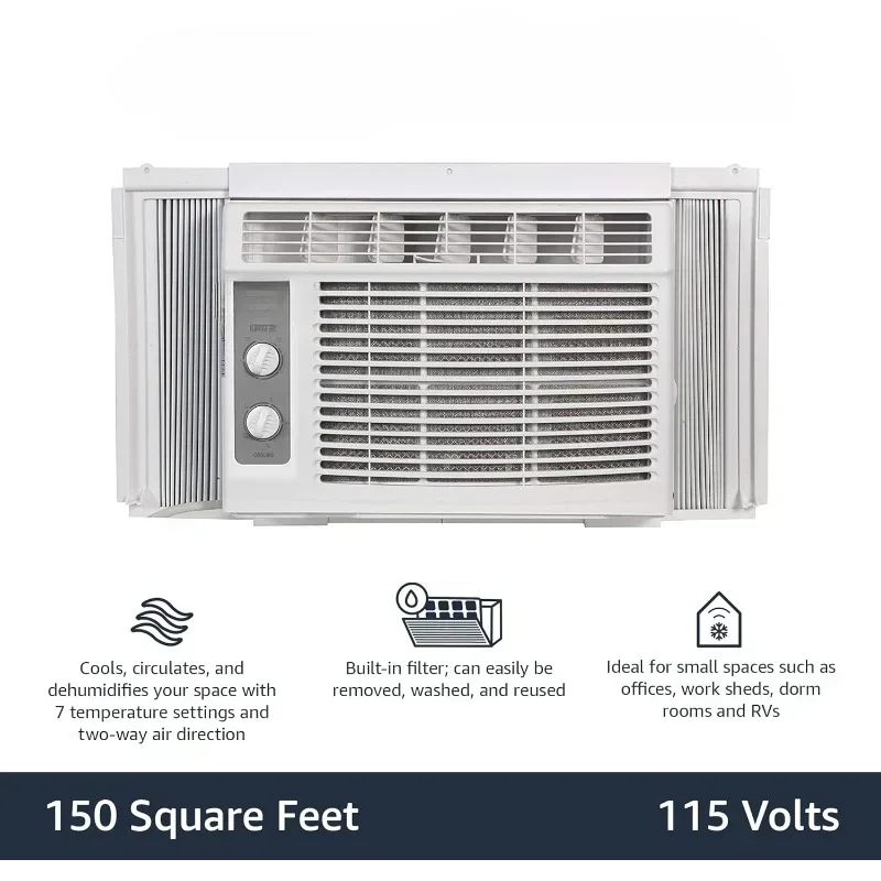 Window Mounted Air Conditioner With Mechanical Control Cools 150 Square Feet, 5000 BTU, AC Unit, White