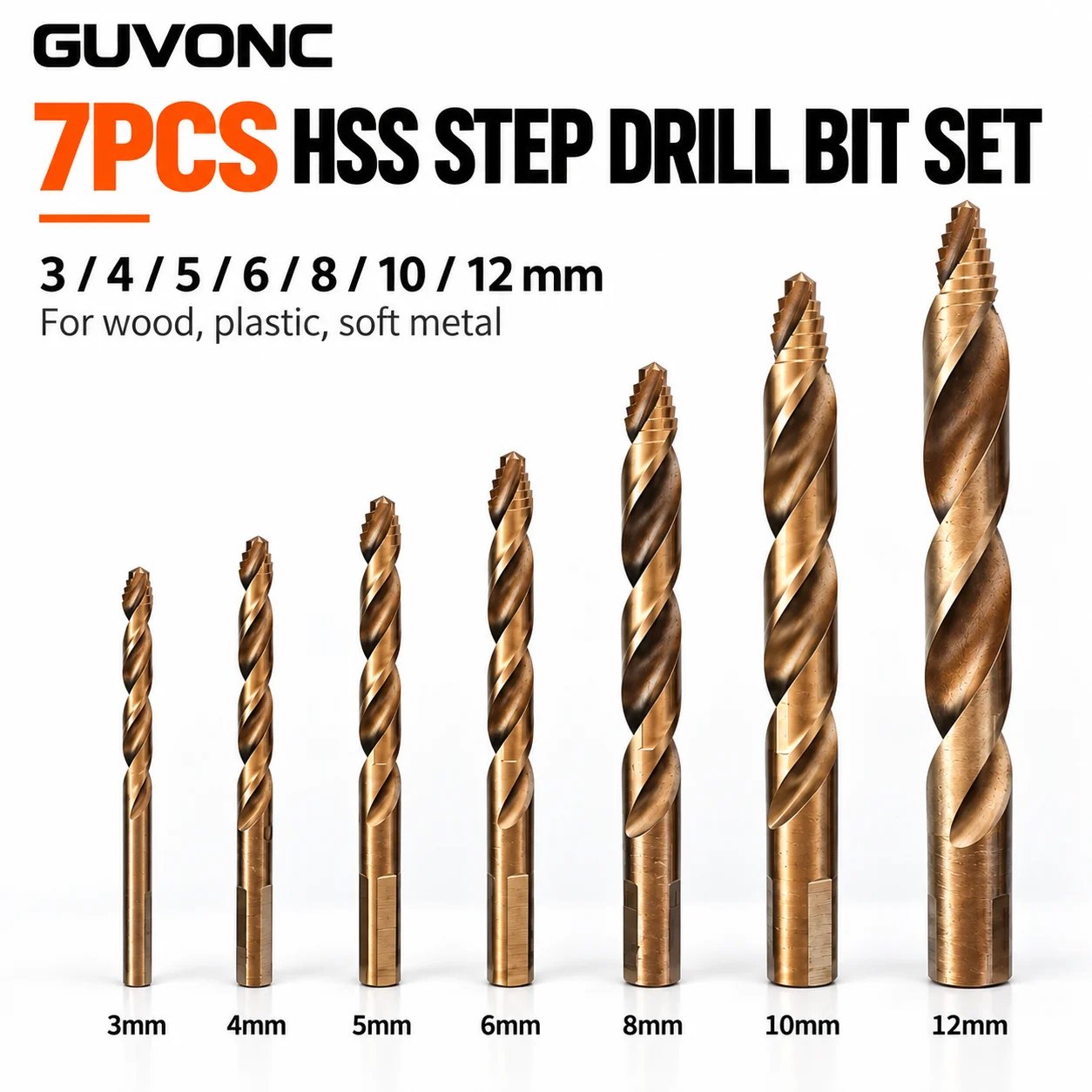 7Pcs HSS Step Drill Bits 3/4/5/6/8/10/12mm, Triangle Shank Anti-Slip for Wood Plastic Soft Metal Drilling