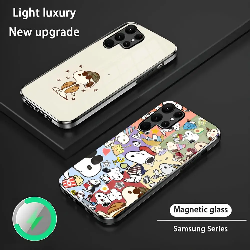 Snoopy Cute Cartoon Logo Phone Case For Samsung S 25 S24 S23 S22 S21 S20 Plus Ultra Note20 Glass Magnetic Phone Case