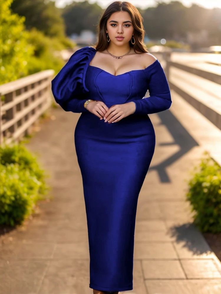 Robe de soirée bleue grande taille, épaules dénudées, manches longues, moulante, taille haute, longueur cheville, fête d\'anniversaire, tenue de bal