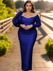 Vestidos de Noche azules de talla grande para mujer, vestidos de manga larga con hombros descubiertos, Bodycon de cintura alta hasta el tobillo, trajes de fiesta de cumpleaños, evento y graduación