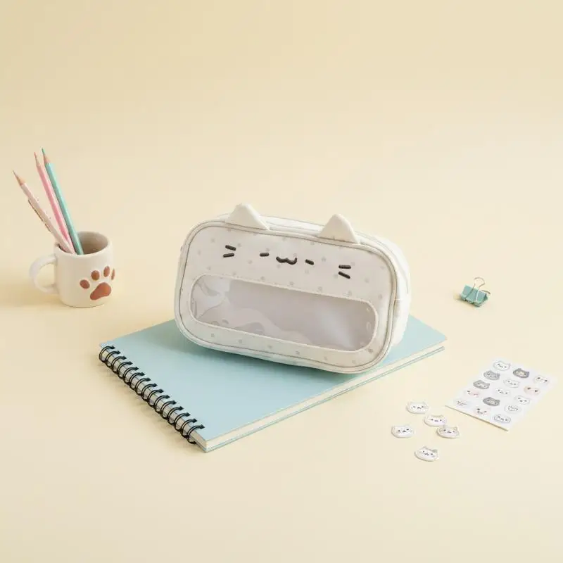Portable Pencil Case with Clear Window for Cat Lovers Cute Wave Point Design