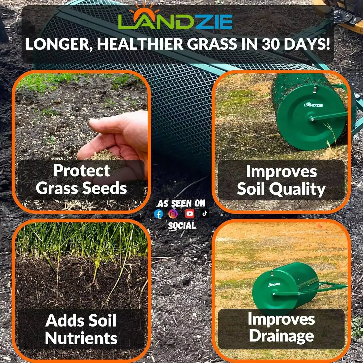 موزعات العشب والحديقة من LANDZIE - سلة شبكية معدنية شديدة التحمل مقاس 44 بوصة تعمل بالدفع/السحب - سماد، طحلب الخث، التربة العلوية، المهاد -