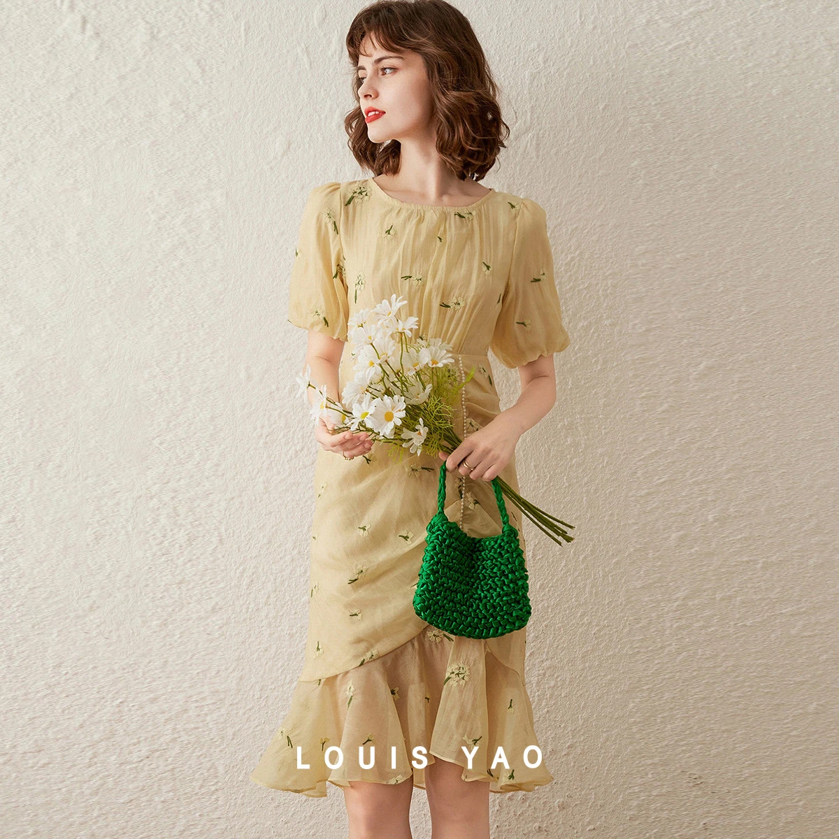 LOUIS YAO Romantic Ruffled Printed Dress 2026 Summer French Pleated Dress with Beaded Chain for Women