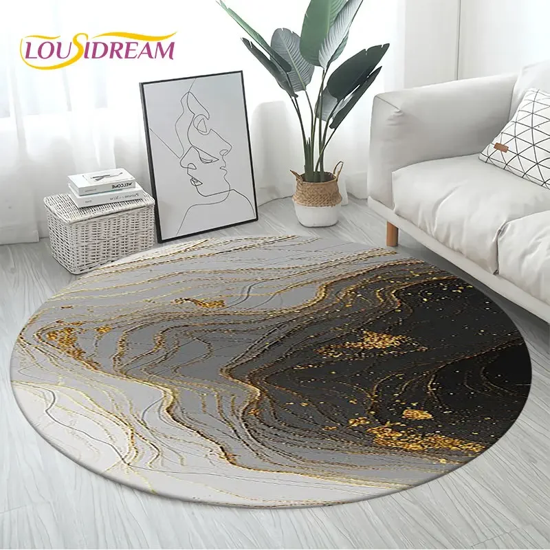 Round Area Rug – Black, Gold & Blue Circle Carpet for Living Room, Bedroom, Sofa, Kitchen Floor Mat