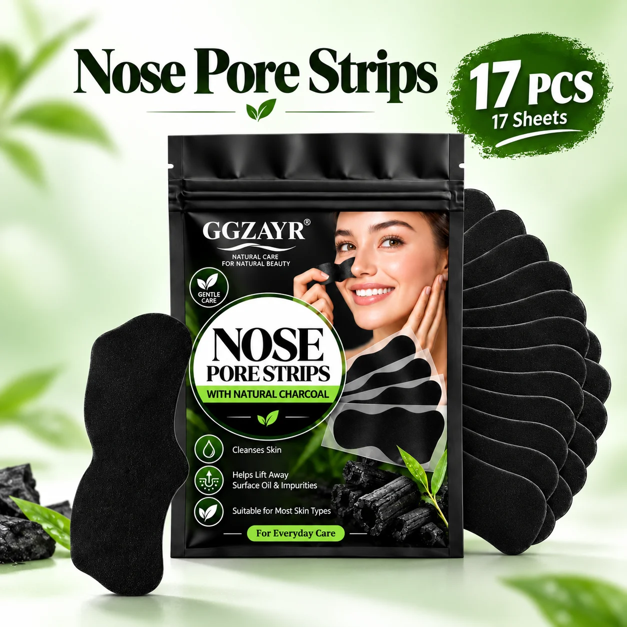 17PCS Charcoal Nose Pore Strips, Deep Cleansing Blackhead Nose Strips for Pore Care, Easy Everyday Use