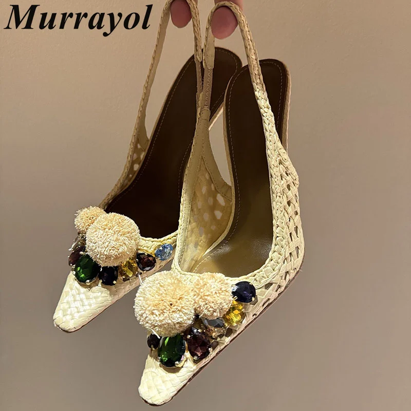 Pumps Pointed Toe Bling Rhinestone Decor Sandalias Women Vine Grass Weaving Thin High Heels Sandals Summer Party Dress Shoes