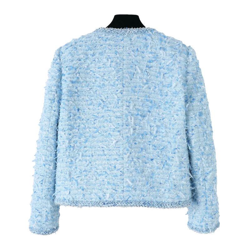 Blue High Quality Tassel Luxury Small Fragrance Coat Women Fashion Autumn Winter Long-sleeved Office Lady Sweet Loose Tweed Coat