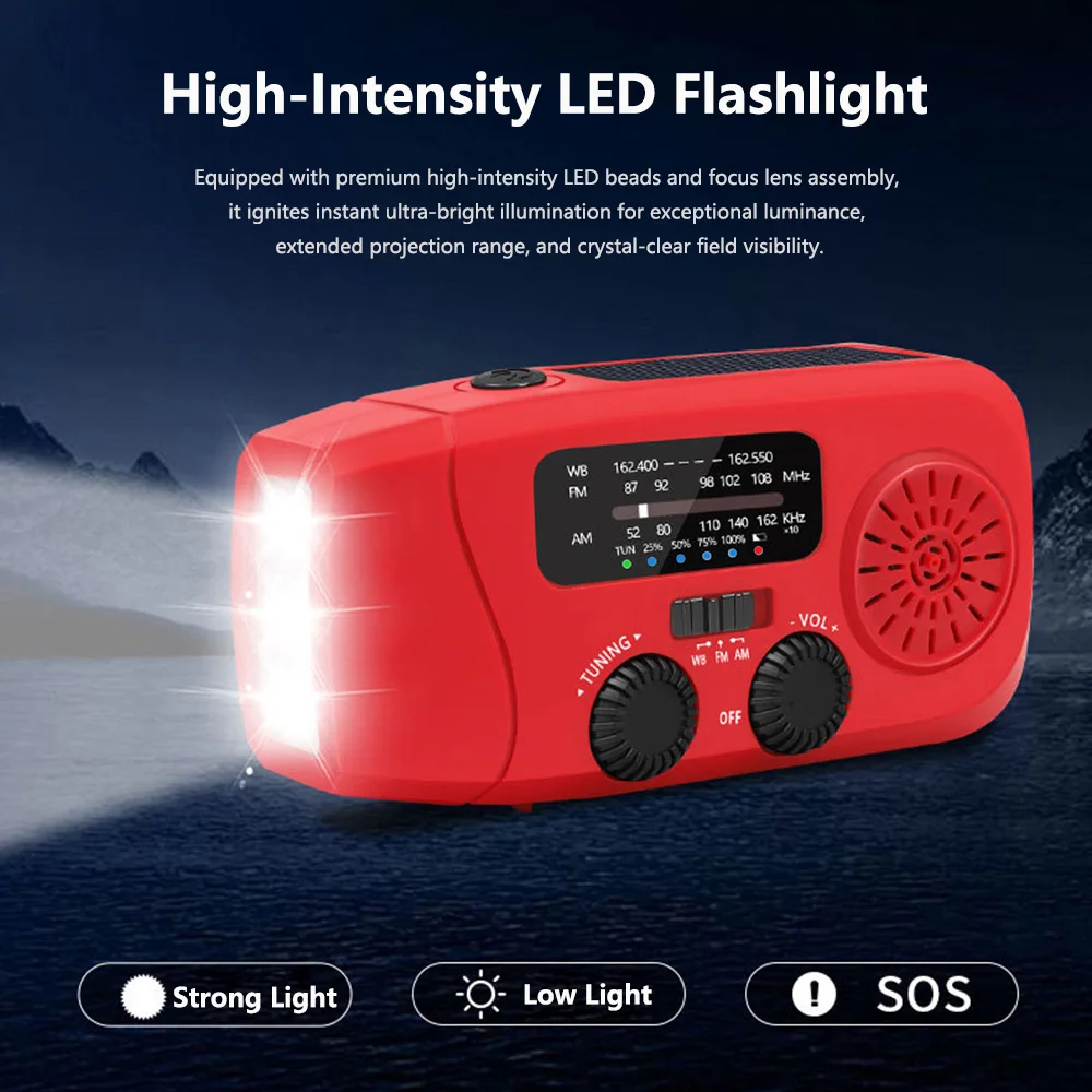راديو FM/AM/WB محمول قابل لإعادة الشحن، كرنك راديو الطوارئ بالطاقة الشمسية، جهاز استقبال راديو FM NOAA للسفر في الهواء الطلق مع مصباح LED SOS