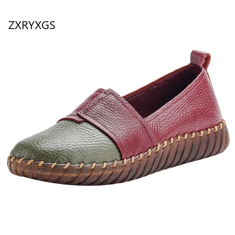 ZXRYXGS 2025 New Autumn Color Blocking Splicing Real Leather Shoes Flat Soft Sole Comfortable Trendy Shoes Women Flats Big Size