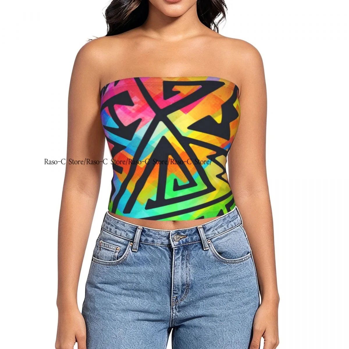 Women's strapless halter top Rainbow Grometric Pattern summer sexy short-sleeved top