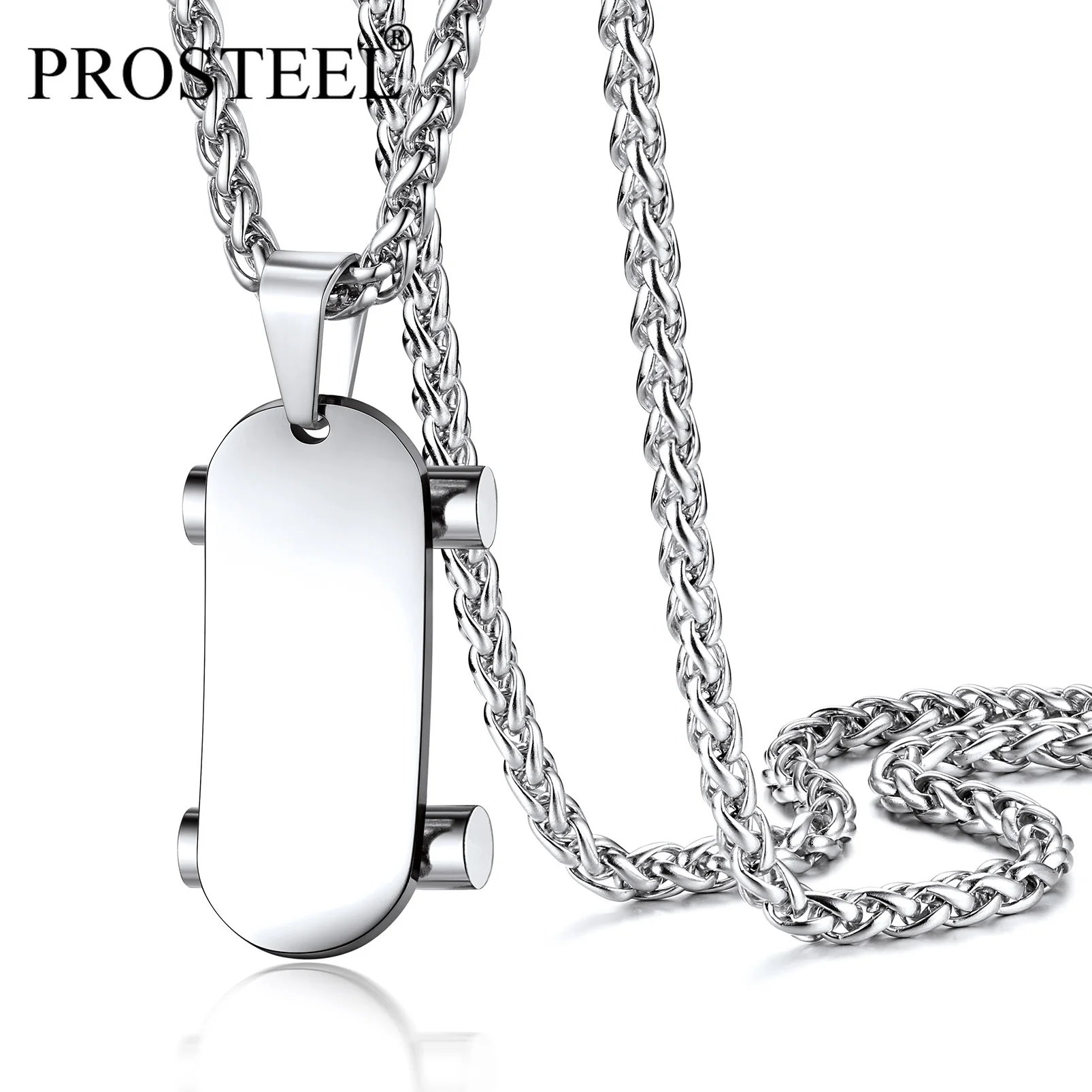 PROSTEEL Glossy Skateboard Men Boy Sportor Hip Pop Pendant with Link Chain Stainless Steel/14K Gold/Black Necklace Charm Jewelry