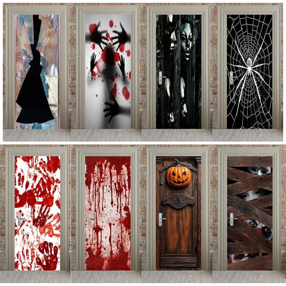 

2024 Halloween Horror Bloody Hands Printed Door Sticker Home Decor Removable Entrance Door Bedroom Pumpkin Wooden Door Decals