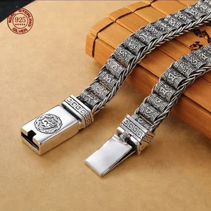 Bracelet masculin de style rétro, bracelet simple et généreux en argent, mantra tissé à six caractères, 925, chaîne en argent, bijoux 8 meilleurs mantras de vente - No 8