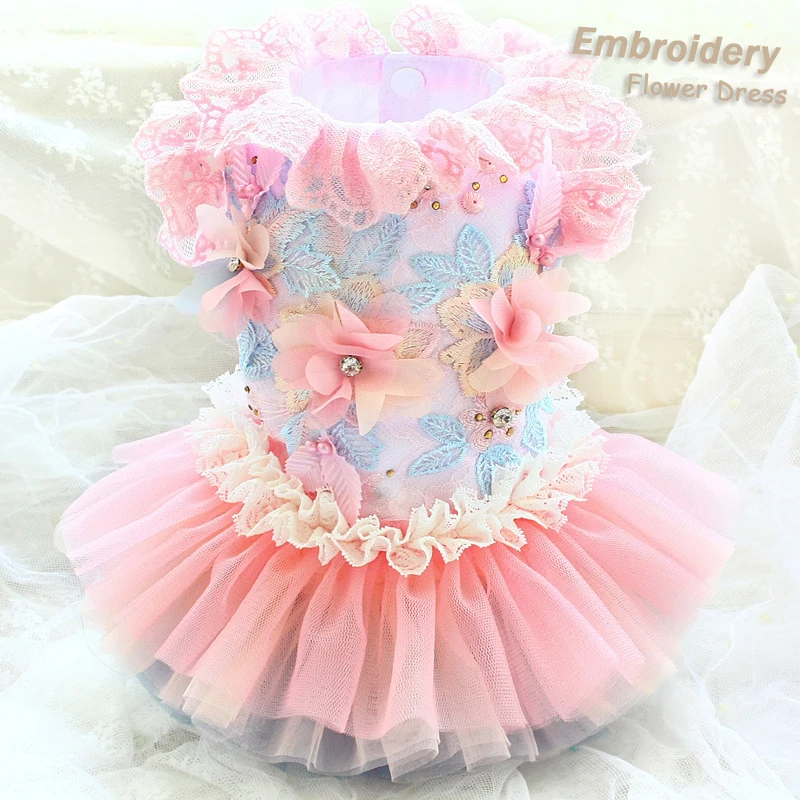 Handmade Dog Clothes Dresses Pet Supplies Embroidered Crystal Flowers Pink Lace Collar Cuff Rainbow Skirt One Piece Holiday