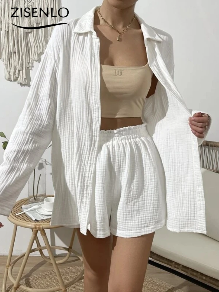 

Elegant Sets for Women 2 Pieces Spring Summer Fashion Solid Color Long-sleeved Shirt Set Leisure Loose Shorts Two-piece suit