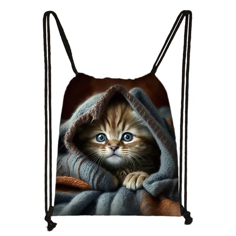 Cute Kitten Print Backpack Women Siamese Cat Drawstring Bags Casual Teenagers Shoulder Bag for Travel Bookbags Shoes Holder