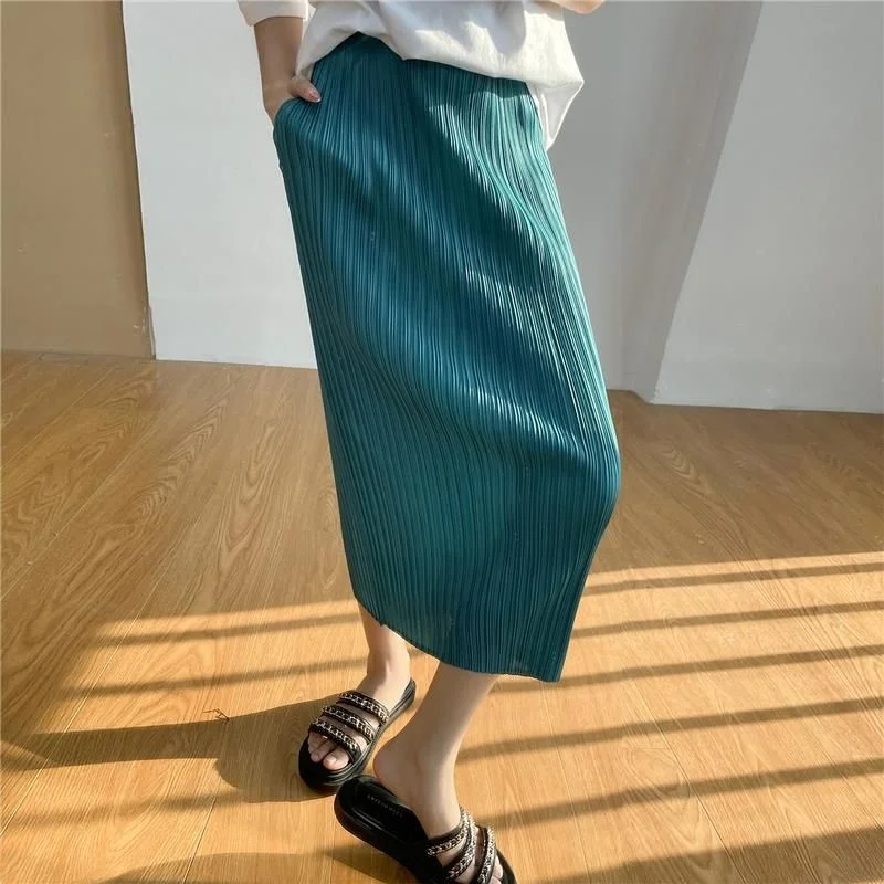 

Elegant Pure Color Pleated Skirt Korean Style High Waist Polyester Fiber Casual Straight Cut No Slit Elastic Waist Design