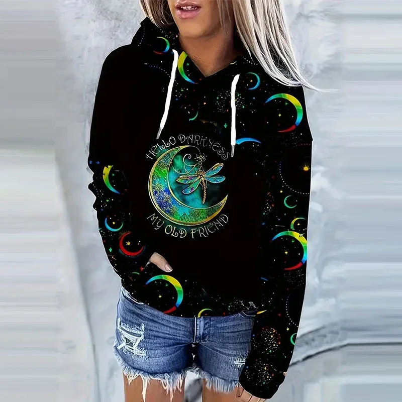 Moon Print Kangaroo Pocket Hoodie, Casual Long Sleeve Drawstring Hoodies Sweatshirt Women's Clothing