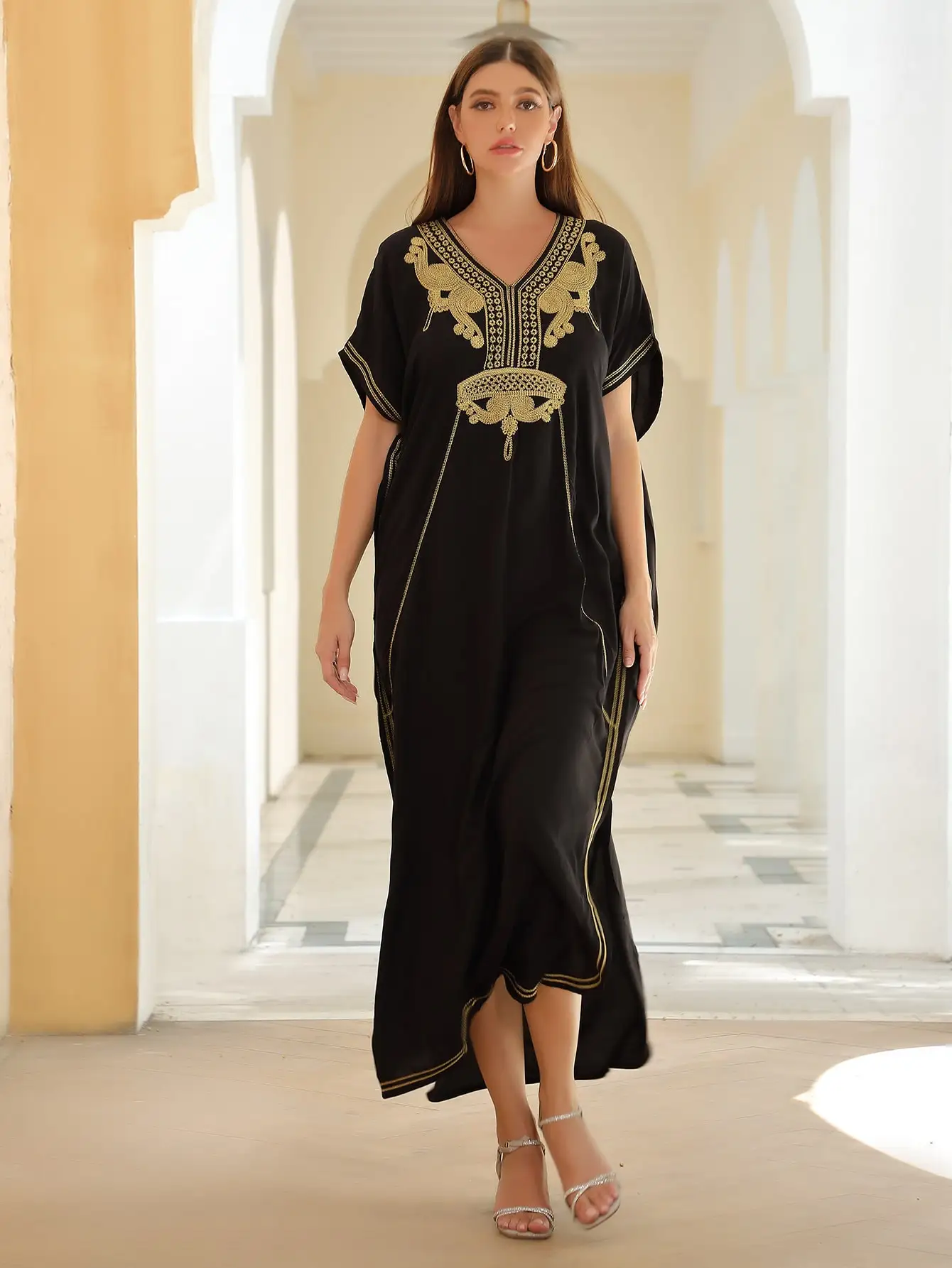 2024 Summer New Black Embroidery V Neck Side Slit Dress For Women Clothing Causal Short Sleeve Beach Wear Kaftan Dresses Q660