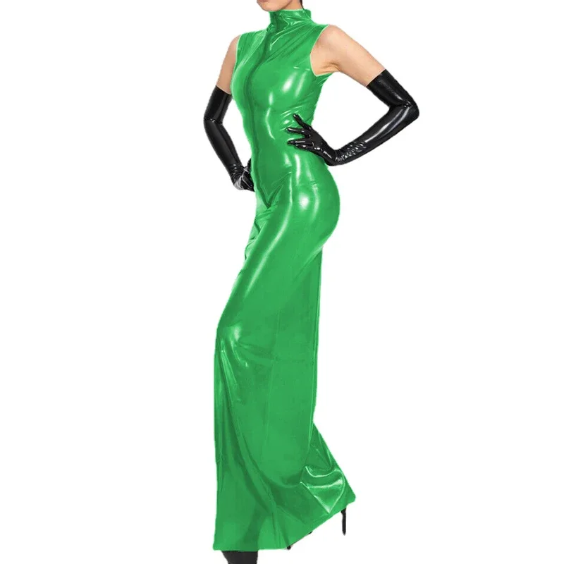 Vinyl plastic PVC sheath pencil long dress sleeveless clear transparency slim front zipper maxi dress female club party S-7XL