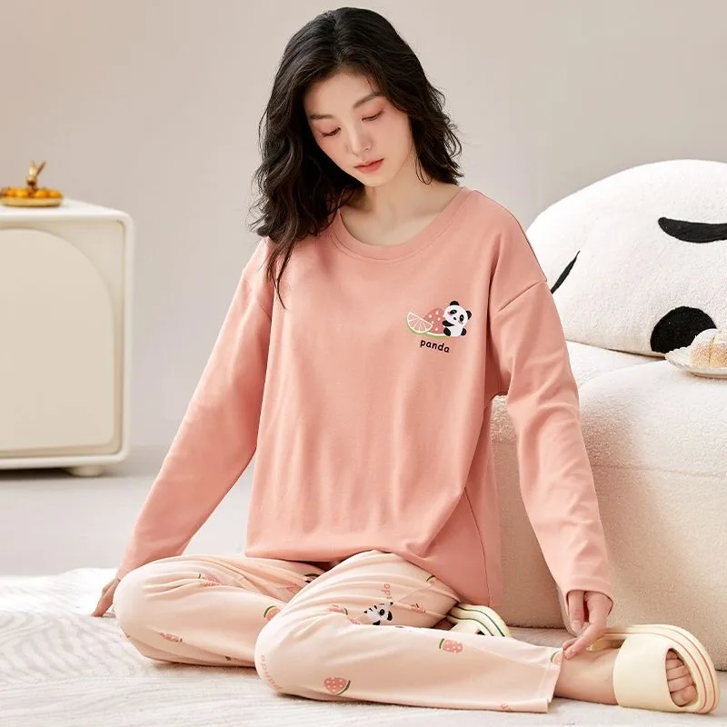 Round Neck Pajamas Set Student Spring Autumn Long Sleeve Sweet Cartoon Homewear Suit Large Size Casual Women's Sleepwear 2024