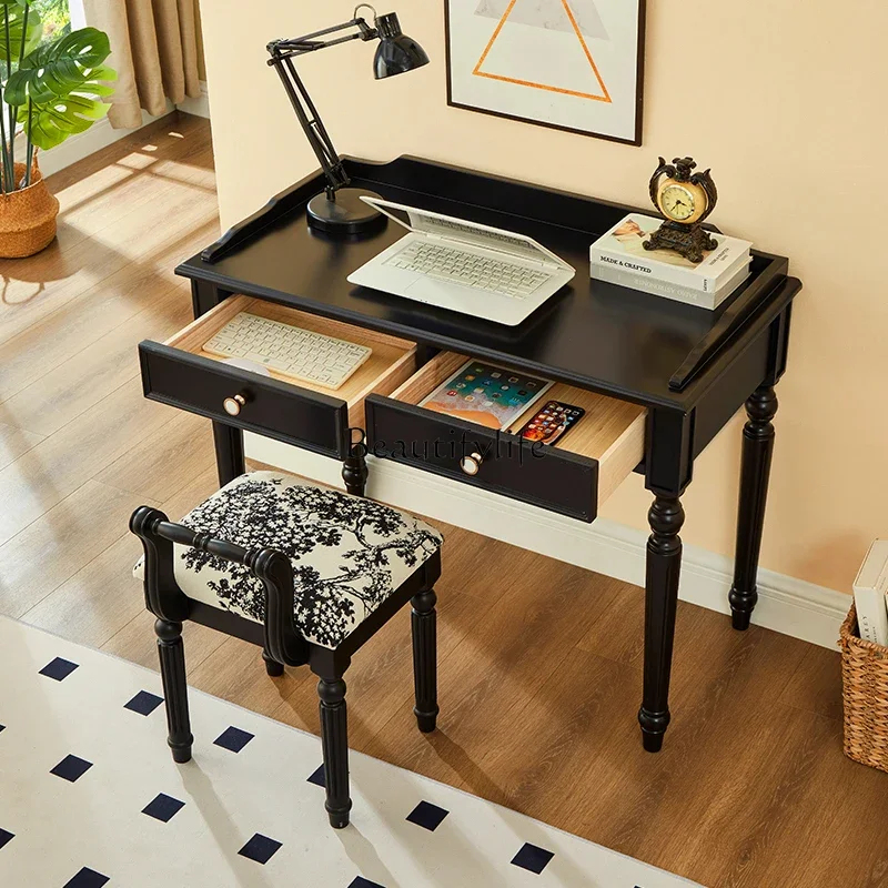 

yj7 French Retro Black Desk Vintage Style Solid Wood Home Study European Small Apartment