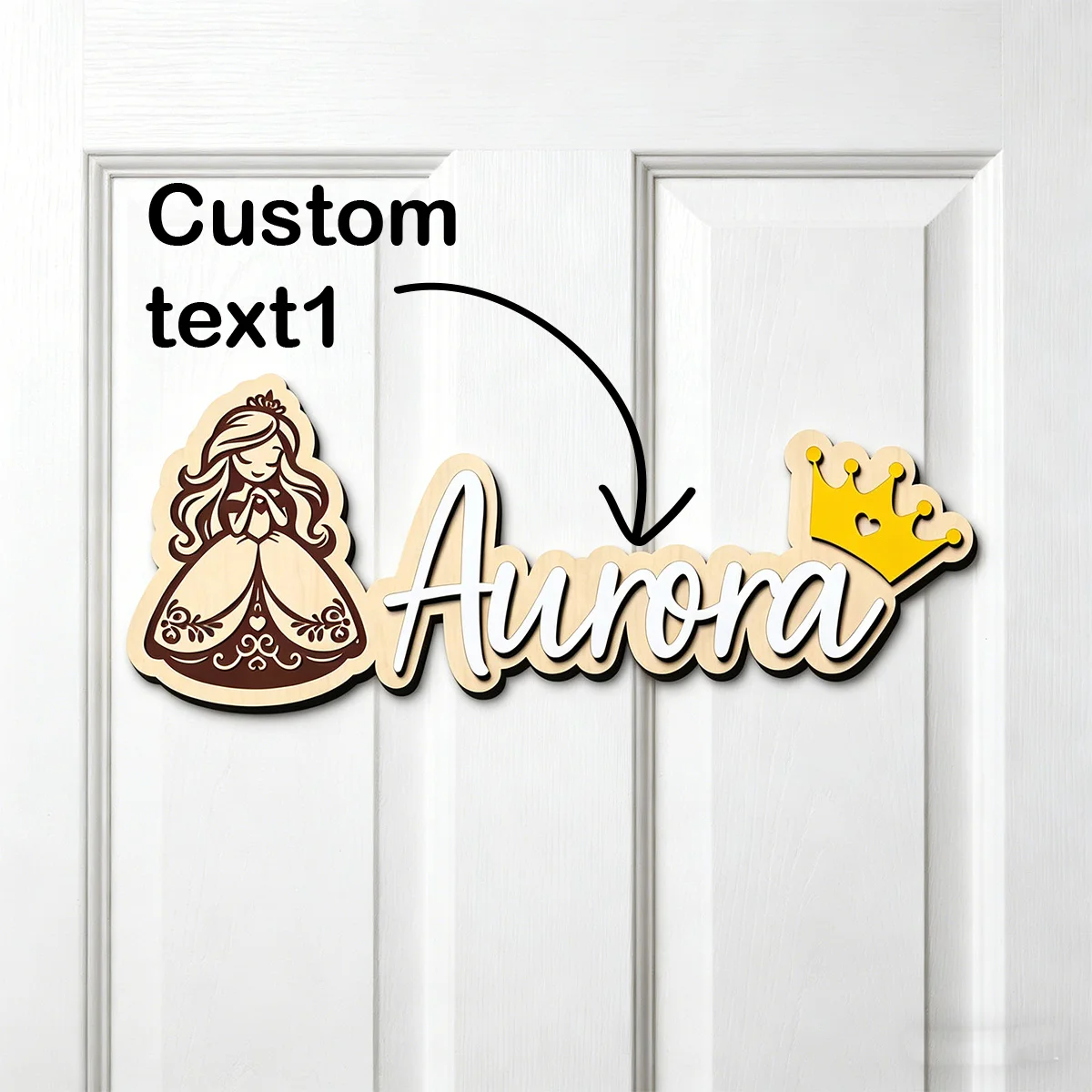 1pc wooden surname nameplate for children's room, custom content, cute cartoon princess pattern, multi scene decoration gift view 4