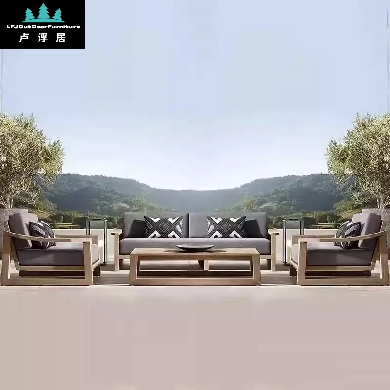 

Teak sofa outdoor courtyard leisure furniture open-air waterproof outdoor garden terrace Nordic solid wood sofa combination