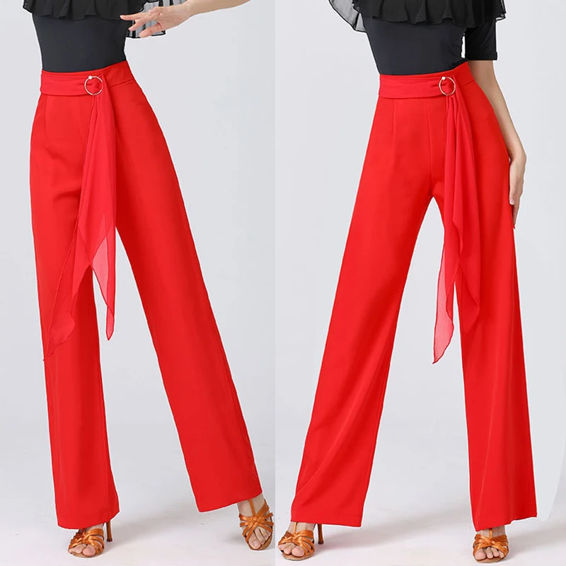 ผู้หญิงละตินเต้นรํากางเกงฤดูร้อนบาง Chic ริบบิ้นกางเกงฝึกห้องบอลรูมโมเดิร์นเต้นรํากางเกงขากว้าง STAGE เครื่องแต่งกาย