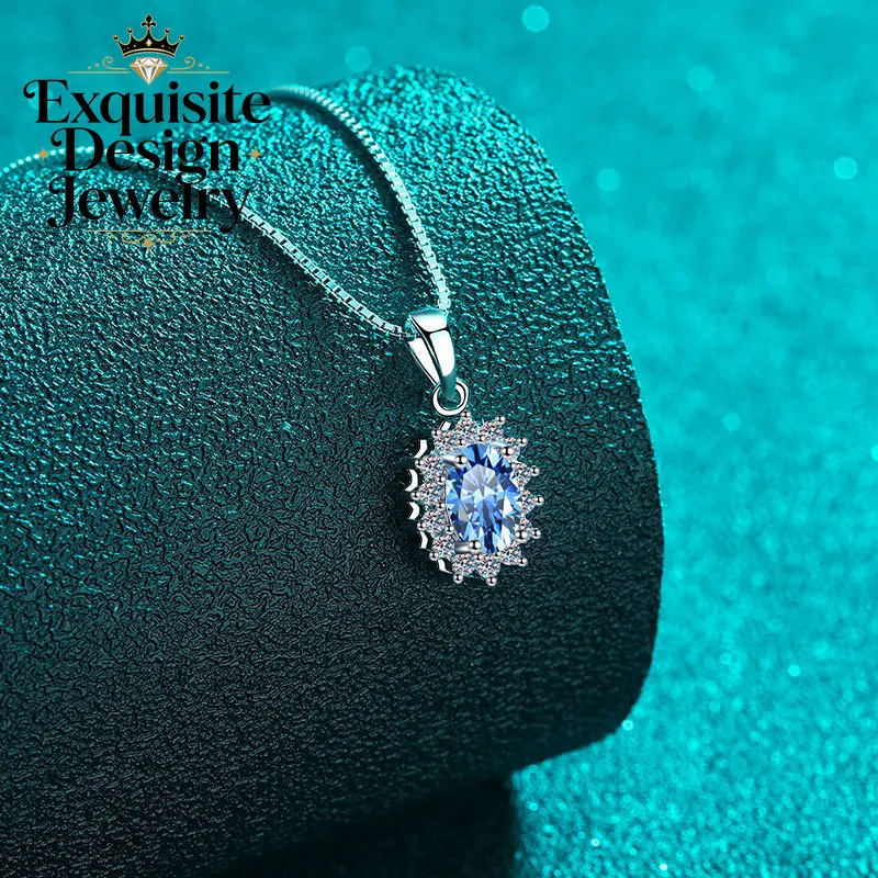 Exquisite Platinum PT950 Royal Blue Oval Moissanite 1-Carat Pendant Collarbone Chain + Box Chain Engagement Fine Jewelry Gifts