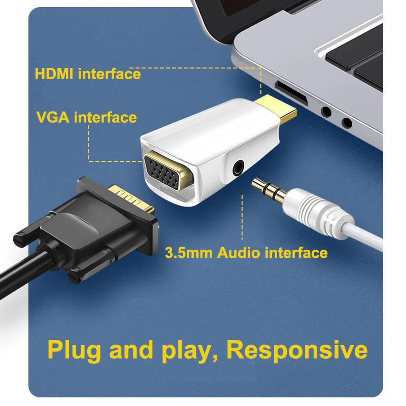 OULLX HDMI-compatible To VGA Cable Converter Male To Famale Converter Adapter 3.5 mm Jack Audio HD 1080P For PC Laptop Tablet