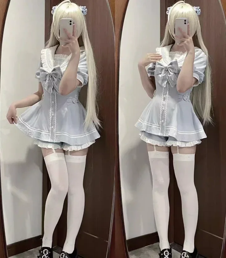 Original Mine Mass-Produced Top and Shorts Suit Female Girls Water Color Black and White Sailor Collar Slim Shirt Dress Outfits