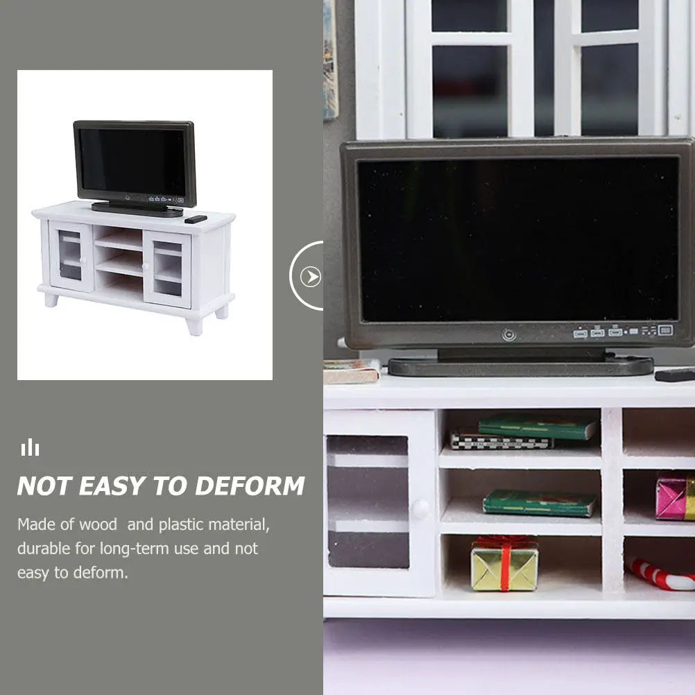 

1Set Wooden Mini House TV Cabinet Ornament Set Stylish Small House Decor Realistic Workmanship Desktop Bedroom Decoration