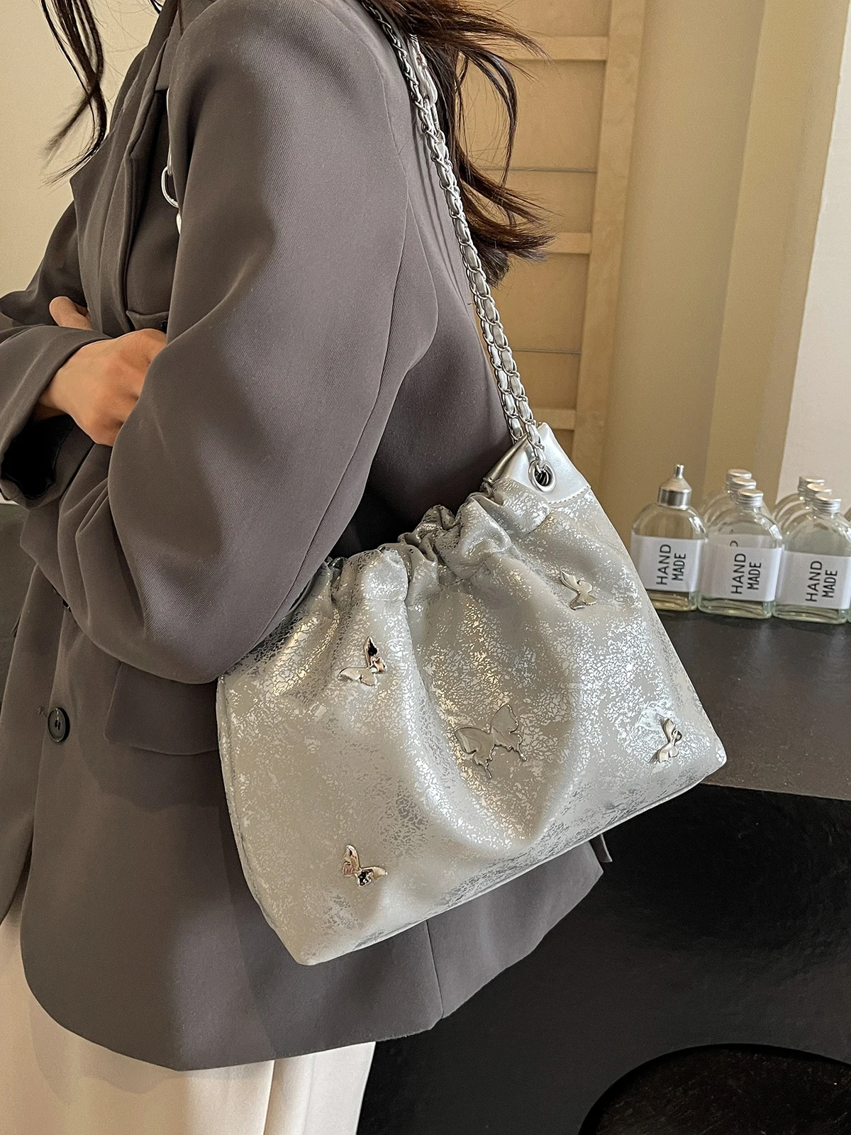 Silver PU Leather Crossbody Bags For Women 2024 Spring Y2k Fashion Female Bucket Bag Lady Chain Shoulder Bag Handbags And Purse image 5