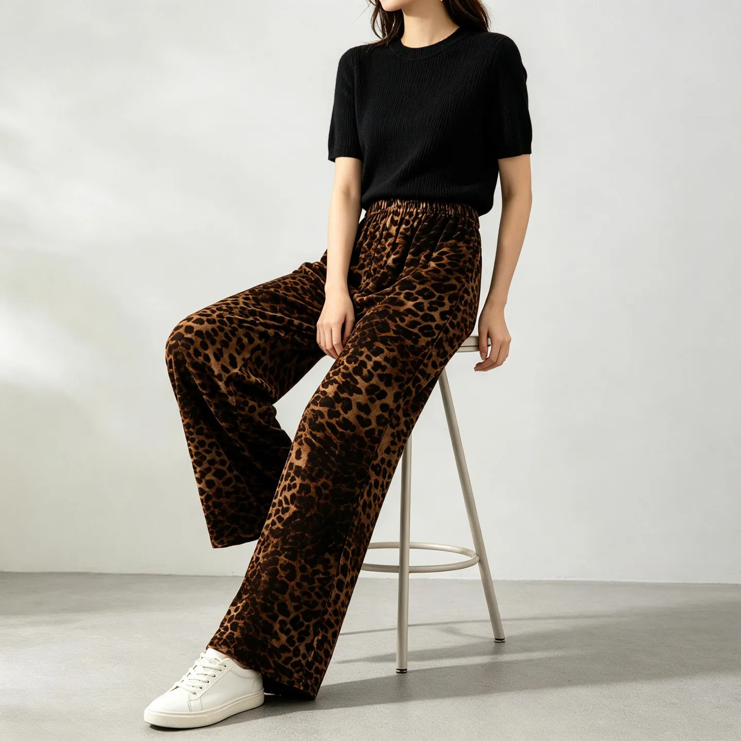 Winsleter-Silk Velvet Elegant Trousers, Elastic Waist Leopard, Women Fashion Casual Lazy Wide-leg Pants, 2026 Autumn B68436CC