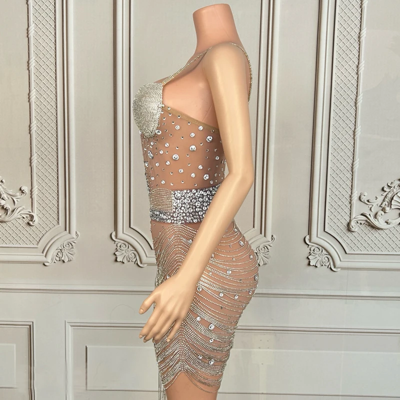 فستان مثير بسلسلة من أحجار الراين الشبكية للنساء فساتين حفلات رقص الجاز ملابس مهرجان المسرح بار ملهى ليلي DJ Gogo زي XS10627 #3
