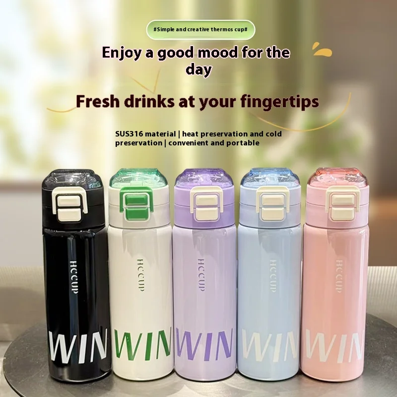

Trendy 316 Stainless Steel Vacuum Flask,Double-Walled Insulated Cup with Straw,Hot Cold Retention, Portable Water Bottle