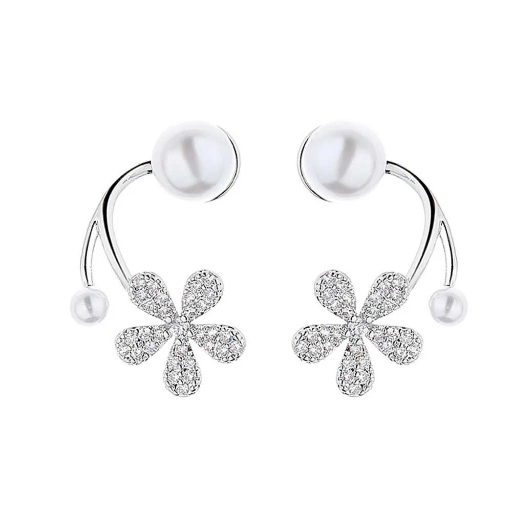 Solid 925 Silver Earrings Flower Design With 6mm Shell pearl and Bright Cubic Zircon Beautiful Fine Jewelry Girl